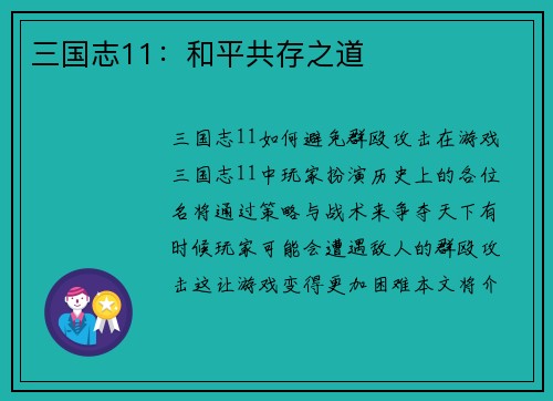 三国志11：和平共存之道
