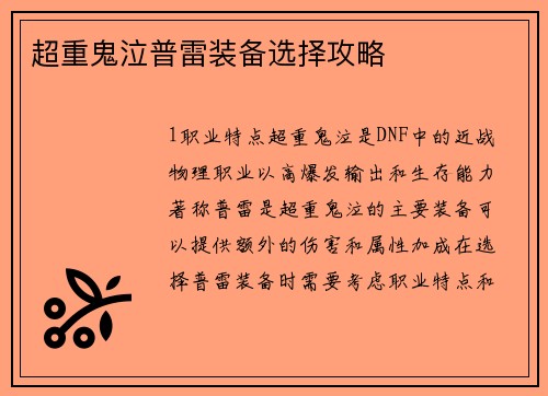 超重鬼泣普雷装备选择攻略