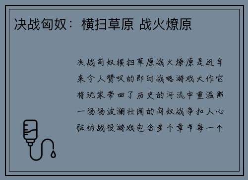 决战匈奴：横扫草原 战火燎原